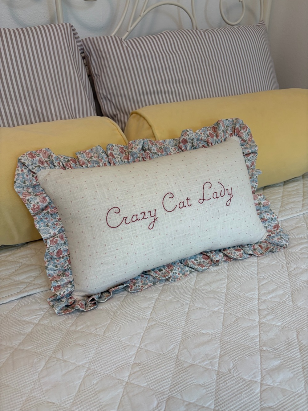 "Crazy Cat Lady" Decorative Throw Pillow - Cream with Floral Ruffle